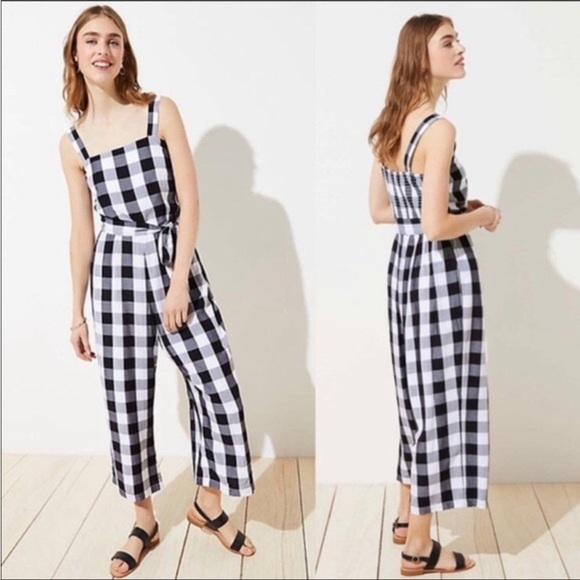 LOFT wide leg cropped plaid checkered gingham belted smocked jumpsuit romper M - Picture 1 of 10